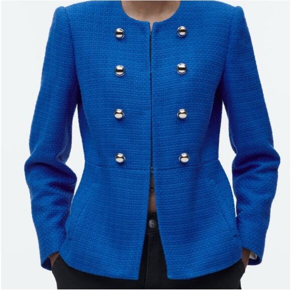 Zara Textured Blue Blazer Jacket Gold Buttons Hook Eye Closure Cotton Medium - Picture 1 of 16